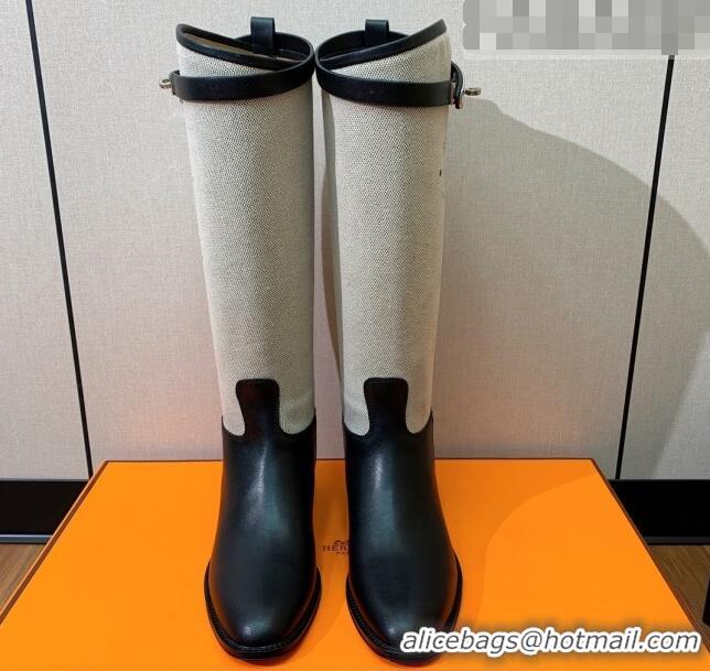 Durable Hermes Jumping Flat High Boots in Calfskin and Canvas Black 814034