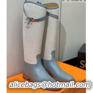 Good Quality Hermes Jumping Flat High Boots in Calfskin and Canvas Grey 814035