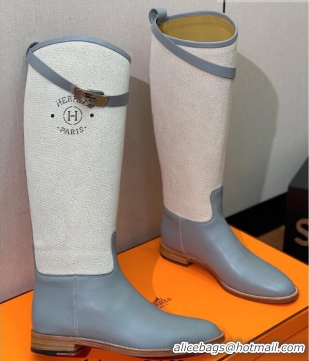 Good Quality Hermes Jumping Flat High Boots in Calfskin and Canvas Grey 814035