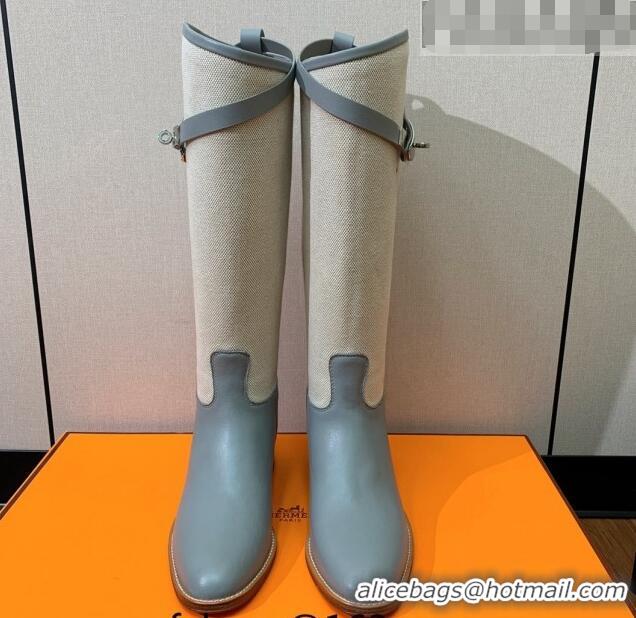 Good Quality Hermes Jumping Flat High Boots in Calfskin and Canvas Grey 814035