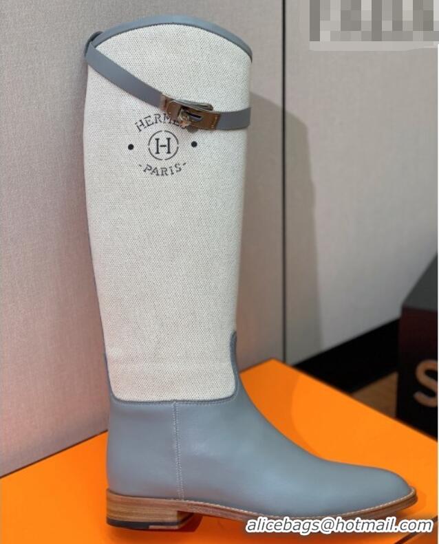 Good Quality Hermes Jumping Flat High Boots in Calfskin and Canvas Grey 814035