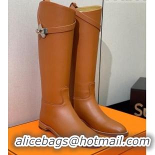 Grade Quality Hermes Jumping Flat High Boots in Calfskin Leather Brown 814036