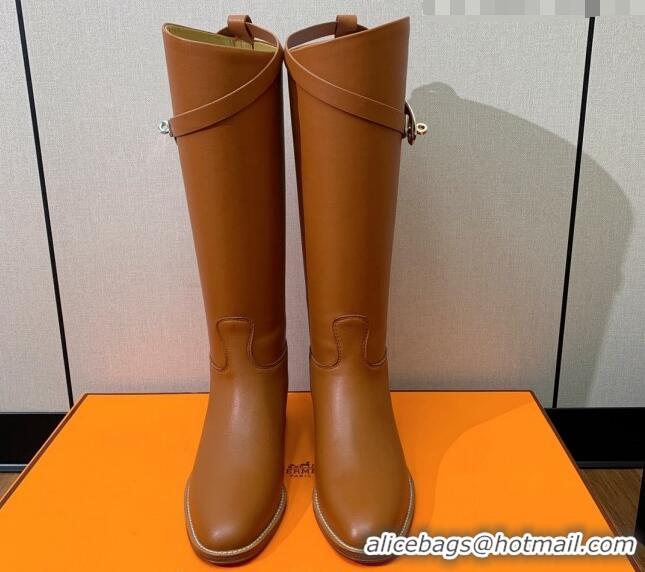 Grade Quality Hermes Jumping Flat High Boots in Calfskin Leather Brown 814036