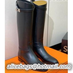 Best Product Hermes Jumping Flat High Boots in Calfskin Leather Black 814037