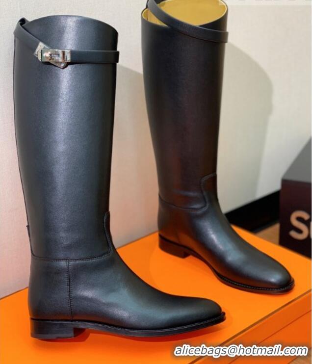 Best Product Hermes Jumping Flat High Boots in Calfskin Leather Black 814037