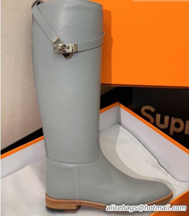 Sumptuous Hermes Jumping Flat High Boots in Calfskin Leather Grey 814038