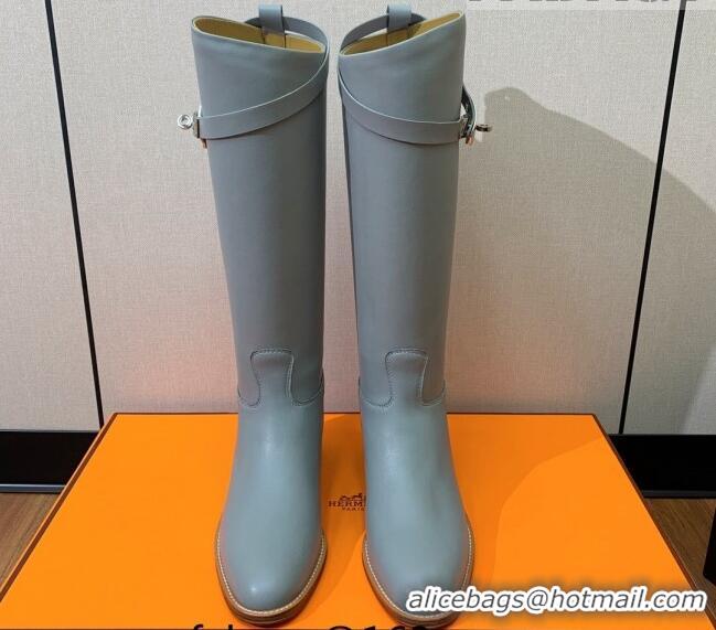 Sumptuous Hermes Jumping Flat High Boots in Calfskin Leather Grey 814038