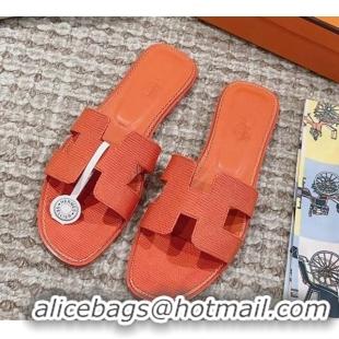 Classic Specials Hermes Classic Oran Flat Slide Sandals in Lizard Embossed Leather Orange 814039