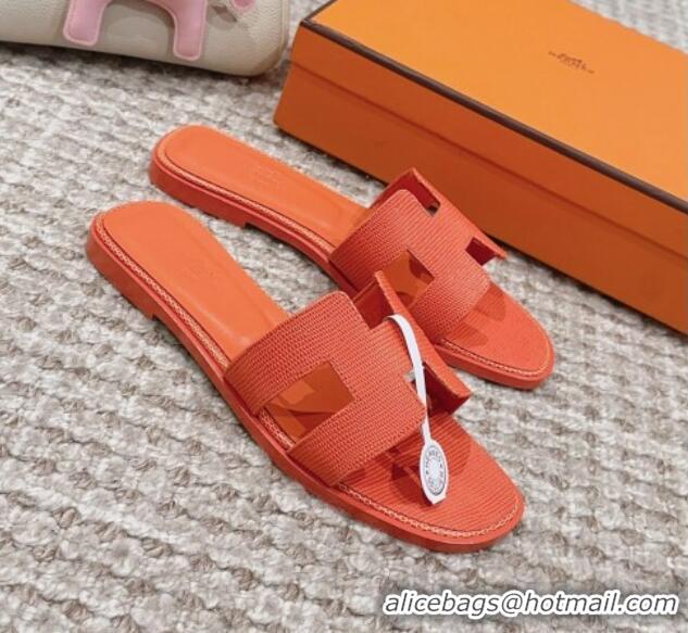 Classic Specials Hermes Classic Oran Flat Slide Sandals in Lizard Embossed Leather Orange 814039