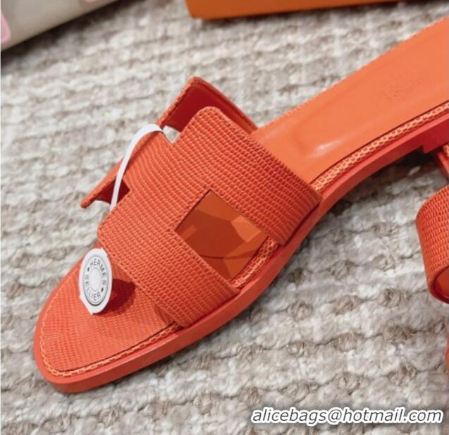 Classic Specials Hermes Classic Oran Flat Slide Sandals in Lizard Embossed Leather Orange 814039