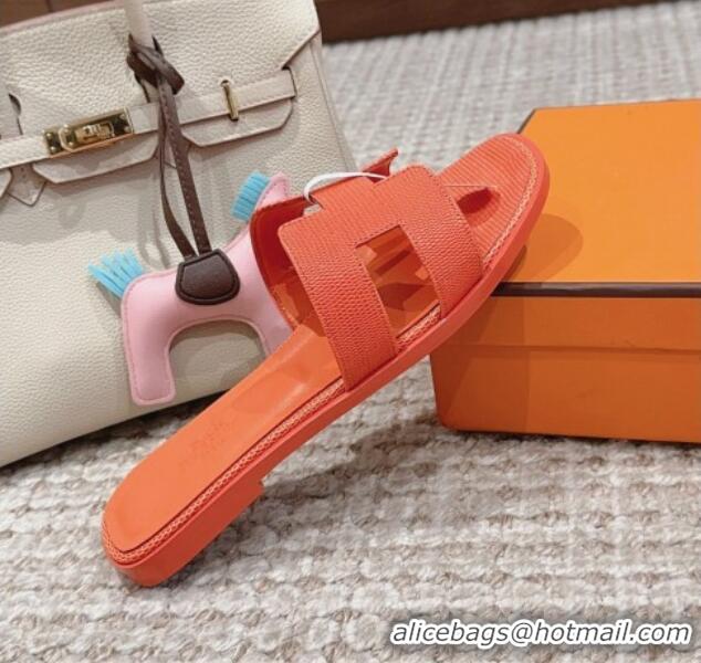 Classic Specials Hermes Classic Oran Flat Slide Sandals in Lizard Embossed Leather Orange 814039