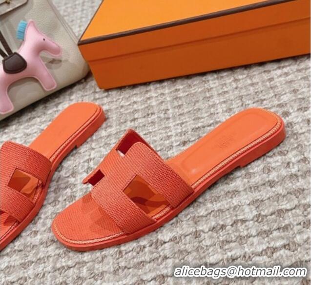 Classic Specials Hermes Classic Oran Flat Slide Sandals in Lizard Embossed Leather Orange 814039