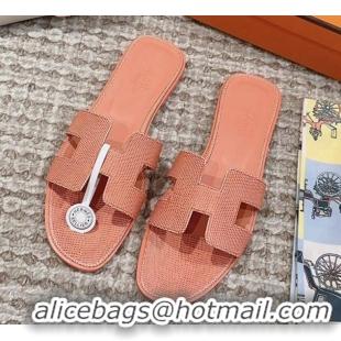 Discount Hermes Classic Oran Flat Slide Sandals in Lizard Embossed Leather Orange Yellow 814040