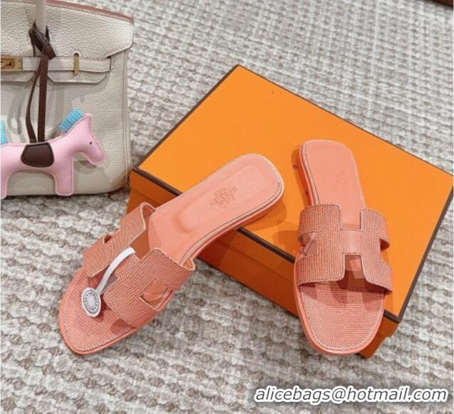 Discount Hermes Classic Oran Flat Slide Sandals in Lizard Embossed Leather Orange Yellow 814040