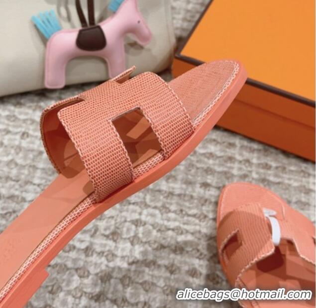 Discount Hermes Classic Oran Flat Slide Sandals in Lizard Embossed Leather Orange Yellow 814040