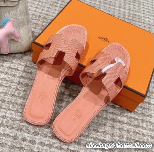 Discount Hermes Classic Oran Flat Slide Sandals in Lizard Embossed Leather Orange Yellow 814040