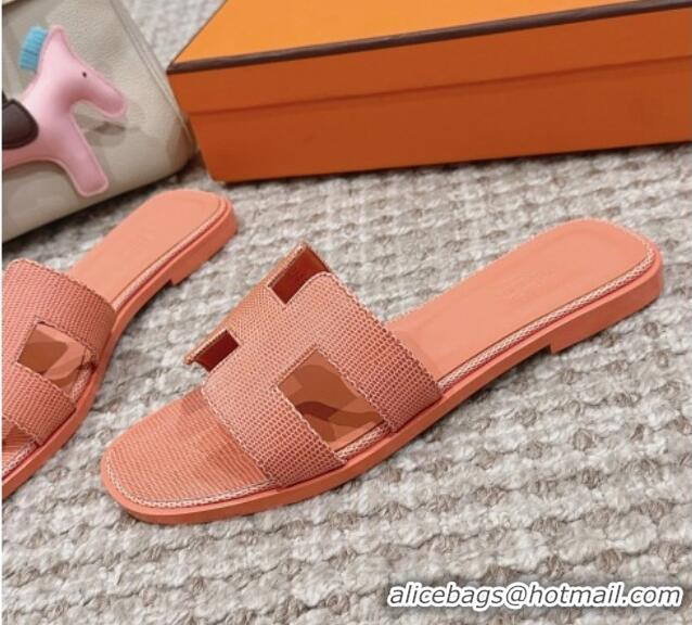 Discount Hermes Classic Oran Flat Slide Sandals in Lizard Embossed Leather Orange Yellow 814040