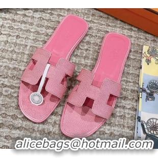 Best Grade Hermes Classic Oran Flat Slide Sandals in Lizard Embossed Leather Pink 814041