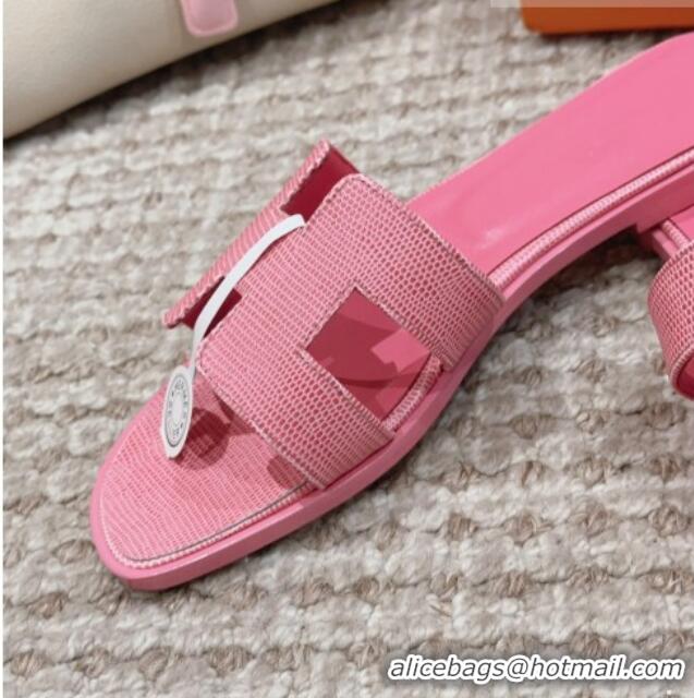 Best Grade Hermes Classic Oran Flat Slide Sandals in Lizard Embossed Leather Pink 814041