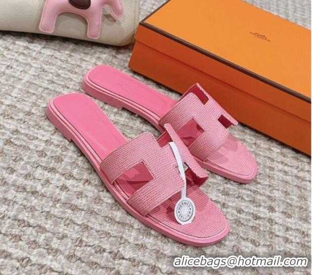 Best Grade Hermes Classic Oran Flat Slide Sandals in Lizard Embossed Leather Pink 814041