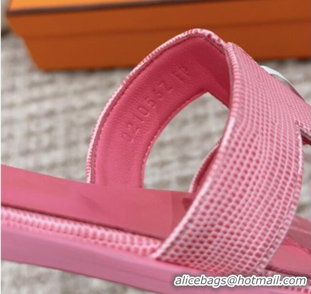 Best Grade Hermes Classic Oran Flat Slide Sandals in Lizard Embossed Leather Pink 814041