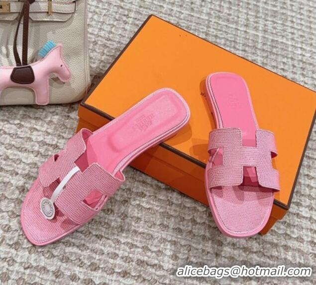 Best Grade Hermes Classic Oran Flat Slide Sandals in Lizard Embossed Leather Pink 814041