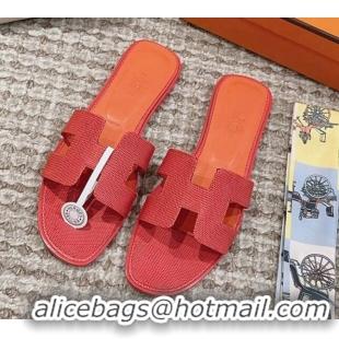 Pretty Style Hermes Classic Oran Flat Slide Sandals in Lizard Embossed Leather Orange Red 814042 