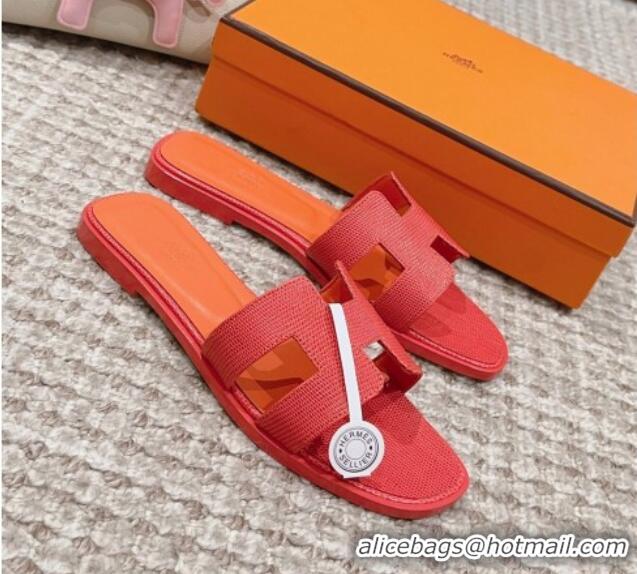 Pretty Style Hermes Classic Oran Flat Slide Sandals in Lizard Embossed Leather Orange Red 814042 