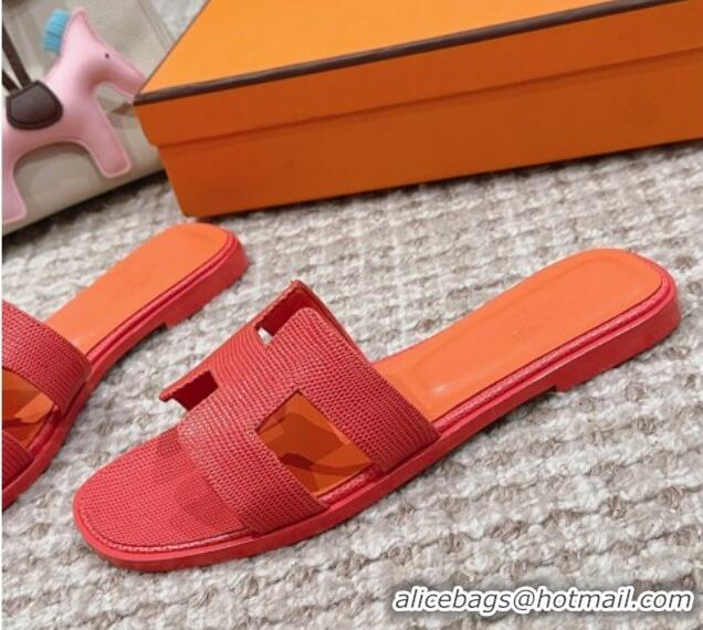 Pretty Style Hermes Classic Oran Flat Slide Sandals in Lizard Embossed Leather Orange Red 814042 