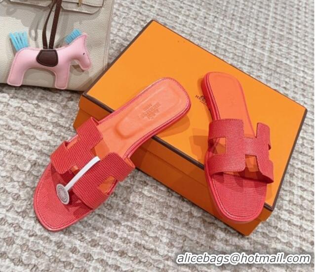 Pretty Style Hermes Classic Oran Flat Slide Sandals in Lizard Embossed Leather Orange Red 814042 