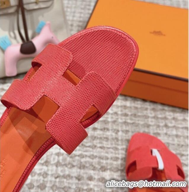 Pretty Style Hermes Classic Oran Flat Slide Sandals in Lizard Embossed Leather Orange Red 814042 