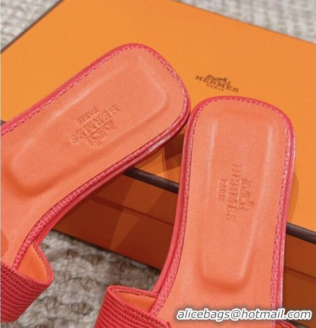 Pretty Style Hermes Classic Oran Flat Slide Sandals in Lizard Embossed Leather Orange Red 814042 