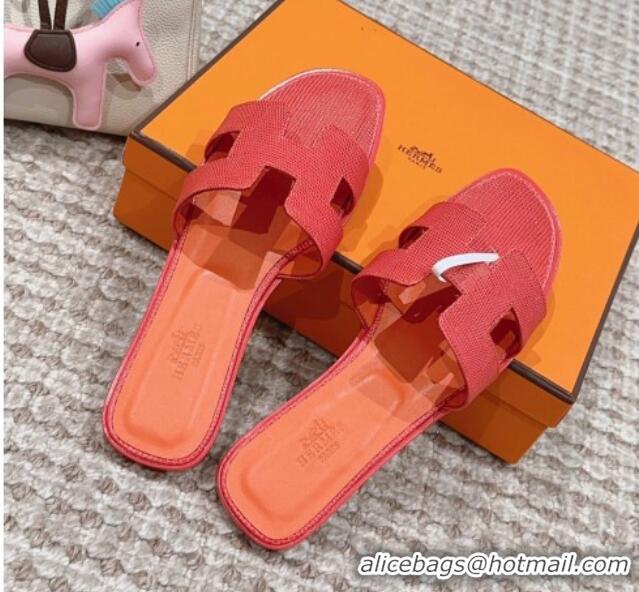 Pretty Style Hermes Classic Oran Flat Slide Sandals in Lizard Embossed Leather Orange Red 814042 