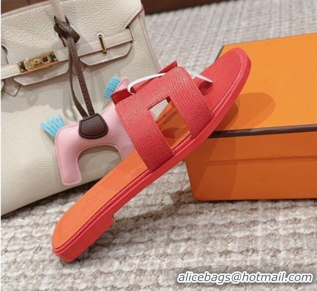 Pretty Style Hermes Classic Oran Flat Slide Sandals in Lizard Embossed Leather Orange Red 814042 