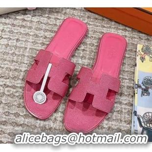 Low Price Hermes Classic Oran Flat Slide Sandals in Lizard Embossed Leather Fushcia Pink 814043