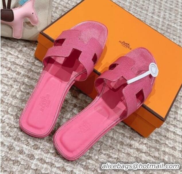 Low Price Hermes Classic Oran Flat Slide Sandals in Lizard Embossed Leather Fushcia Pink 814043