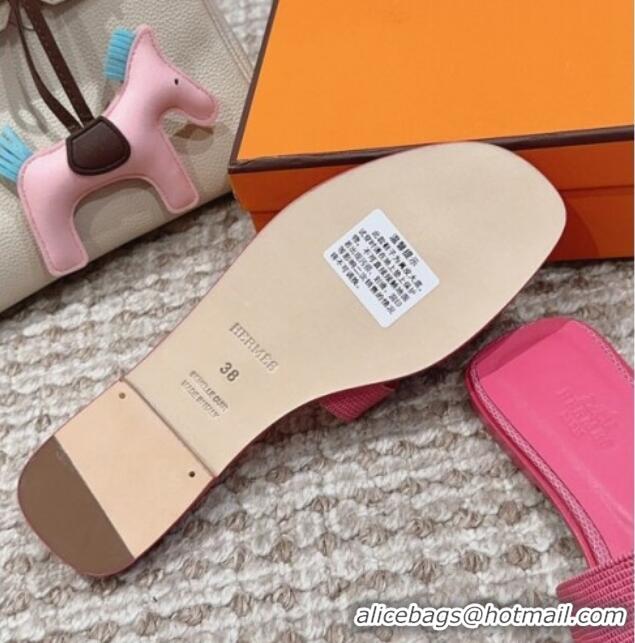 Low Price Hermes Classic Oran Flat Slide Sandals in Lizard Embossed Leather Fushcia Pink 814043