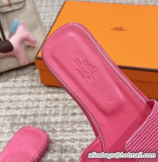 Low Price Hermes Classic Oran Flat Slide Sandals in Lizard Embossed Leather Fushcia Pink 814043