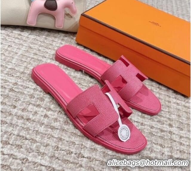 Low Price Hermes Classic Oran Flat Slide Sandals in Lizard Embossed Leather Fushcia Pink 814043