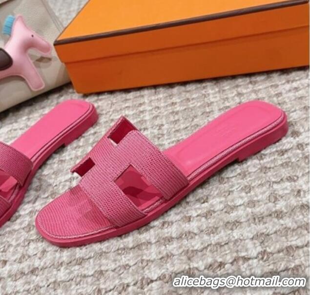 Low Price Hermes Classic Oran Flat Slide Sandals in Lizard Embossed Leather Fushcia Pink 814043