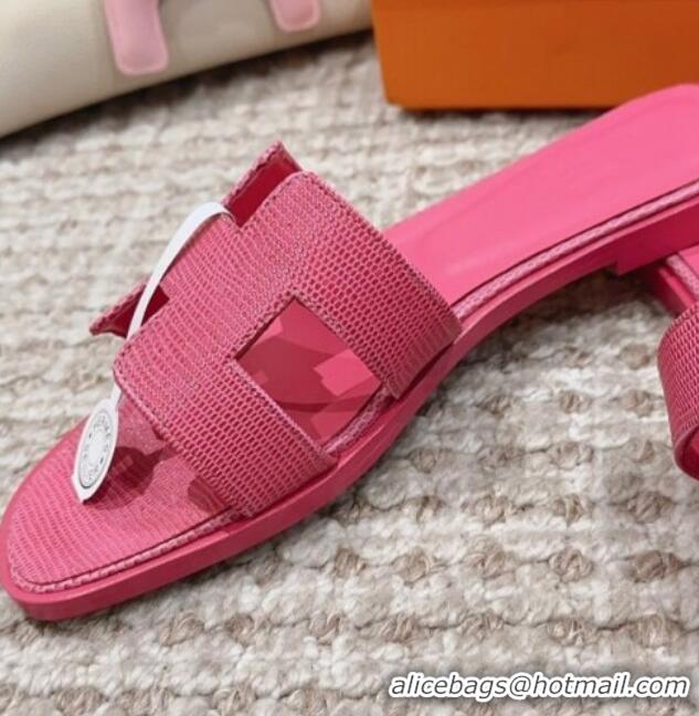 Low Price Hermes Classic Oran Flat Slide Sandals in Lizard Embossed Leather Fushcia Pink 814043