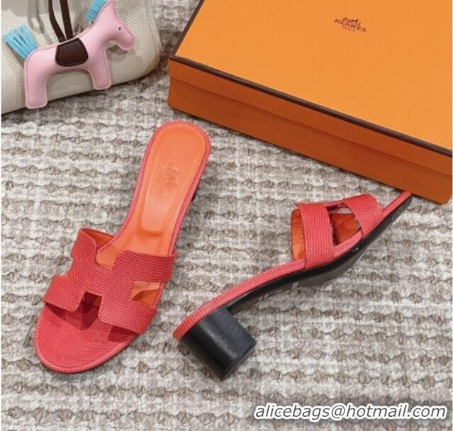 Hot Style Hermes Classic Oasis Heel Slide Sandals 4.5cm in Lizard Embossed Leather Orange Red 814044