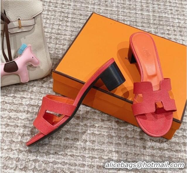 Hot Style Hermes Classic Oasis Heel Slide Sandals 4.5cm in Lizard Embossed Leather Orange Red 814044