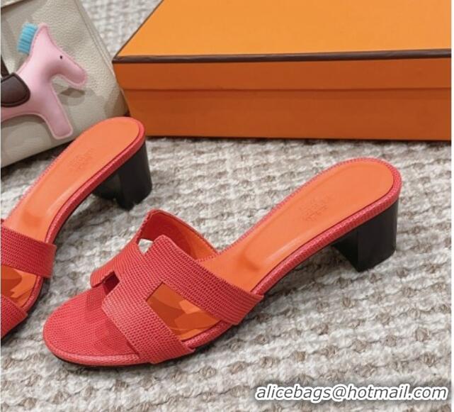 Hot Style Hermes Classic Oasis Heel Slide Sandals 4.5cm in Lizard Embossed Leather Orange Red 814044