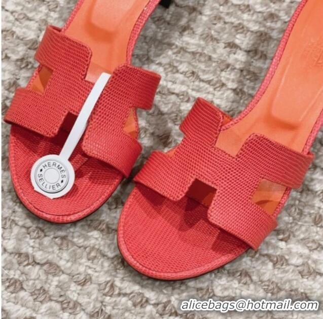 Hot Style Hermes Classic Oasis Heel Slide Sandals 4.5cm in Lizard Embossed Leather Orange Red 814044