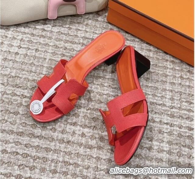 Hot Style Hermes Classic Oasis Heel Slide Sandals 4.5cm in Lizard Embossed Leather Orange Red 814044