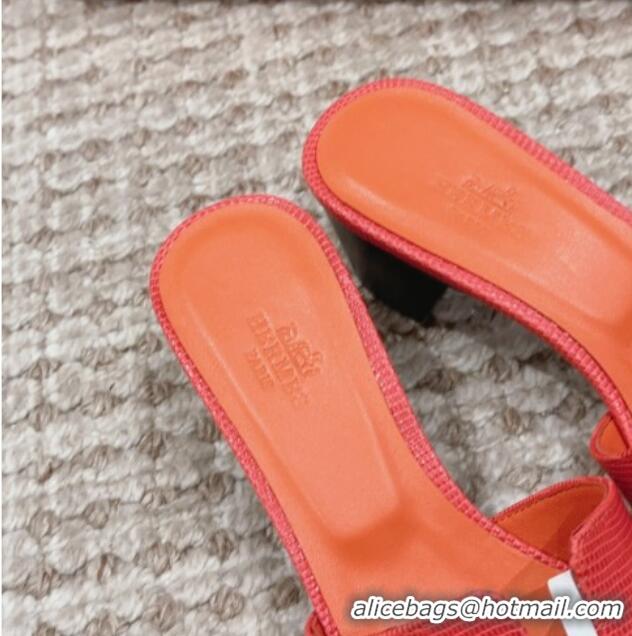 Hot Style Hermes Classic Oasis Heel Slide Sandals 4.5cm in Lizard Embossed Leather Orange Red 814044