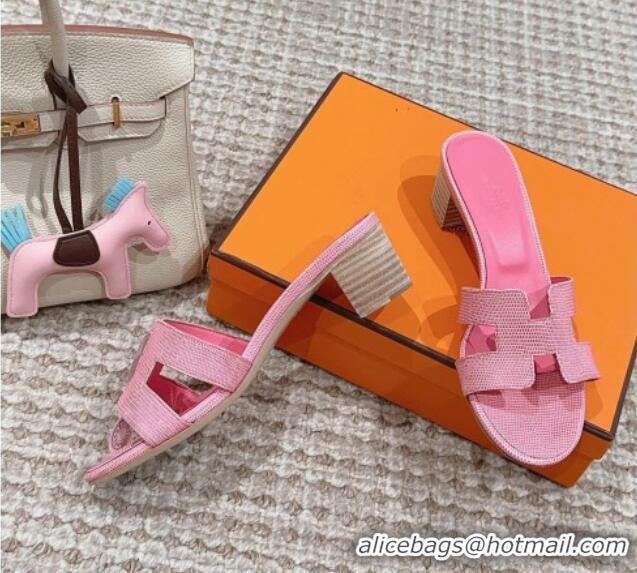 Luxurious Hermes Classic Oasis Heel Slide Sandals 4.5cm in Lizard Embossed Leather Pink 814045