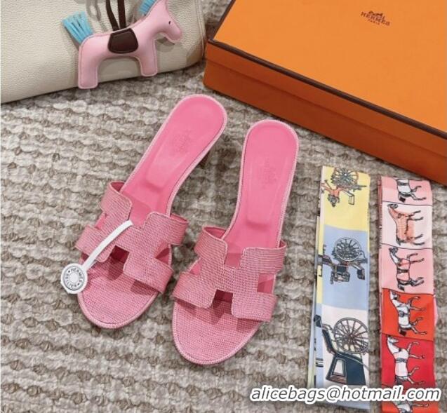 Luxurious Hermes Classic Oasis Heel Slide Sandals 4.5cm in Lizard Embossed Leather Pink 814045