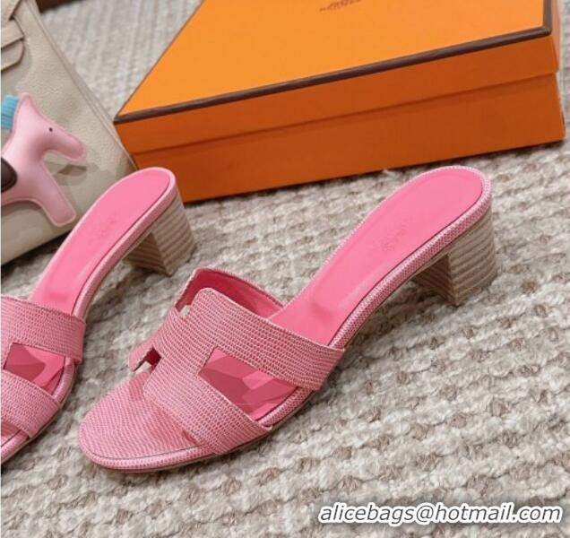 Luxurious Hermes Classic Oasis Heel Slide Sandals 4.5cm in Lizard Embossed Leather Pink 814045